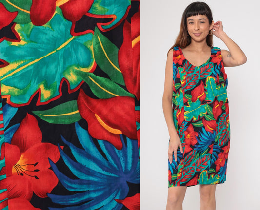 90s Black Tropical Floral Shift Dress Knee Length Sleeveless Large L