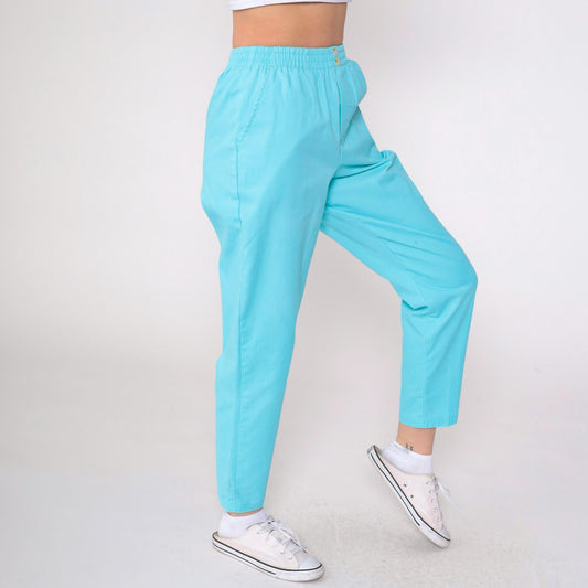 80s Bobbie Brooks Blue Tapered Pull-On Trousers Elastic Waist Petite Small