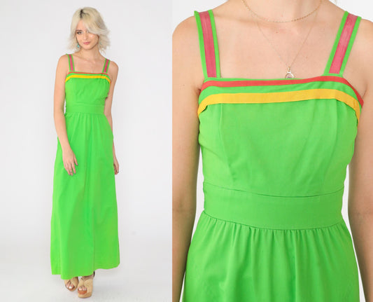 70s Bright Green Maxi Sundress Sleeveless High Waist Striped Trim Pockets XS