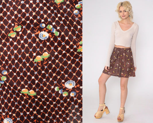 70s Brown Floral Checkered Mini Skirt High Waist A-Line Small