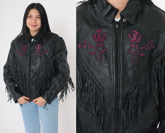 90s Black Leather Fringe Jacket Purple Suede Roses Western Biker Large L