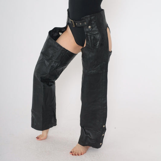 90s Black Leather Assless Chaps Motorcycle Buckle Zippers Small S