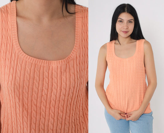 90s Cable Knit Vest Peach Scoop Neck Sleeveless Pullover Small