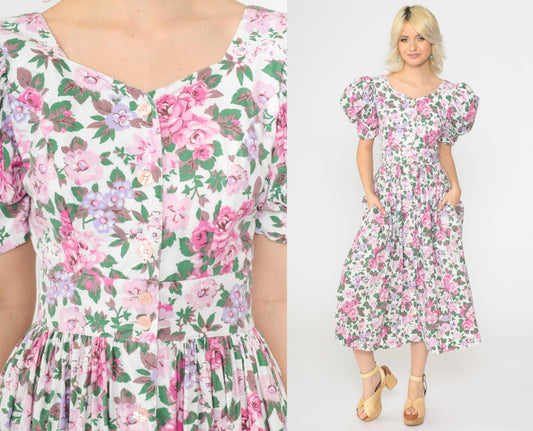 80s Act I Floral Puff Sleeve Midi Dress Criss-Cross Keyhole Back White Pink Extra Small