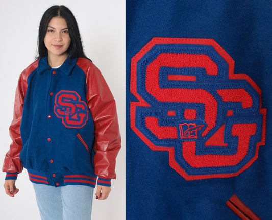 90s Varsity Jacket Blue Red Wool Melton Leather Sleeves SG Patch Men's Large L