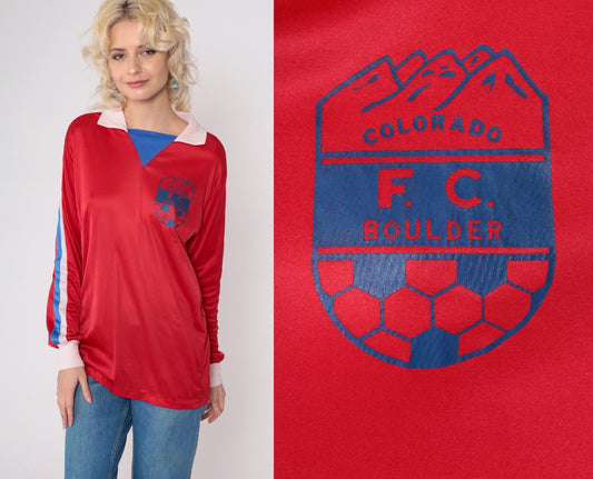 80s Colorado FC Boulder Soccer Jersey Red Blue Striped Long Sleeve Medium