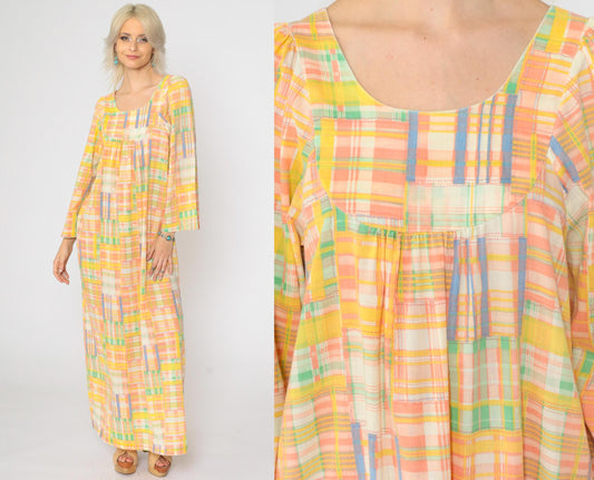 70s Patchwork Plaid Caftan Maxi Dress Wide Sleeve Yellow Peach Small