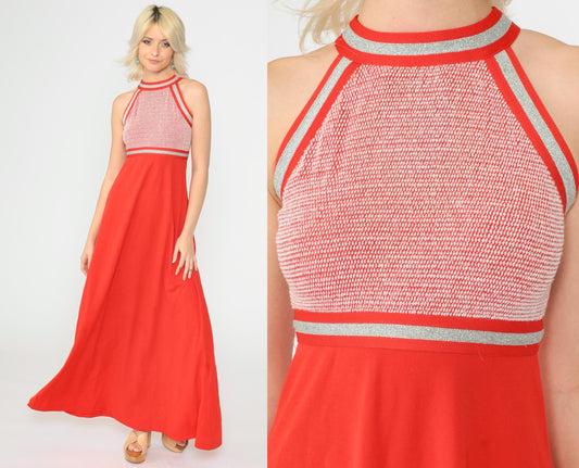 70s Red Metallic Halter Maxi Dress Empire Waist Racerback Extra Small