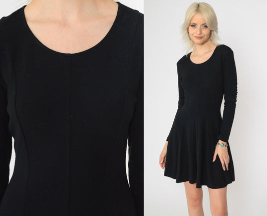 90s Norma Kamali Black Mini Dress Lace-Up Back Long Sleeve Scoop Neck Small Medium