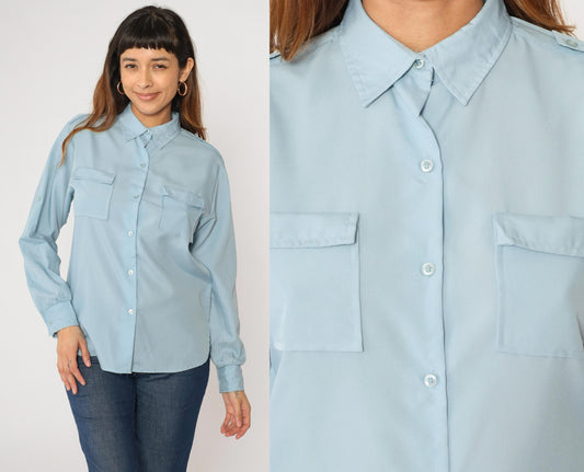 80s Ship n Shore Light Blue Button-Up Blouse Roll Tab Sleeves Medium