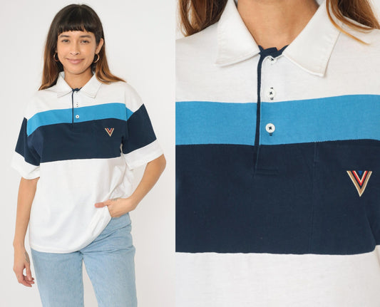 80s J. Blair Striped Polo Shirt White Navy Quarter Button Collared Large L