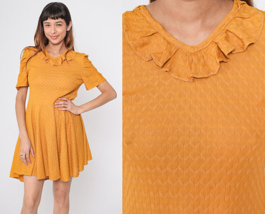 1960s Marigold Orange Mini Dress Puff Sleeves Ruffled Collar Textured Knit Small Medium