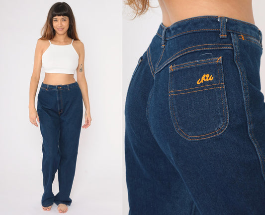 80s H.I.S Chic High-Waist Straight-Leg Jeans Dark Wash Denim Large 32