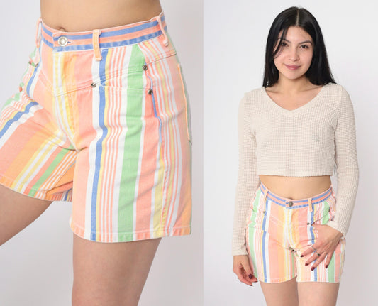 90s Good Fellows Rainbow Striped Denim Shorts High Waist Multicolor Extra Small