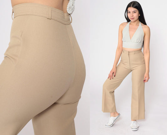 70s Tan Straight Leg High Rise Trousers Creased Vintage XS