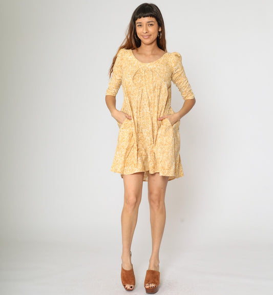 90s Hilo Hattie Hawaiian Yellow Floral Mini Dress Puff Sleeve A-Line Extra Small