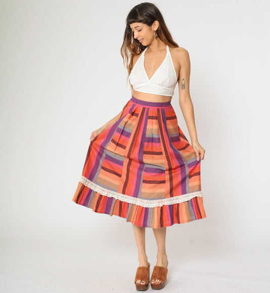 80s Striped Prairie Midi Skirt Pink Purple Orange Lace High Waisted Small