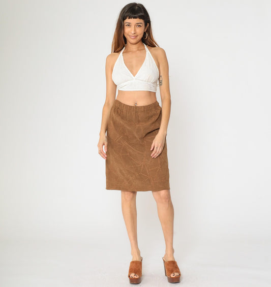 90s Brown Patchwork Faux Suede Pencil Skirt High Waist Small Medium