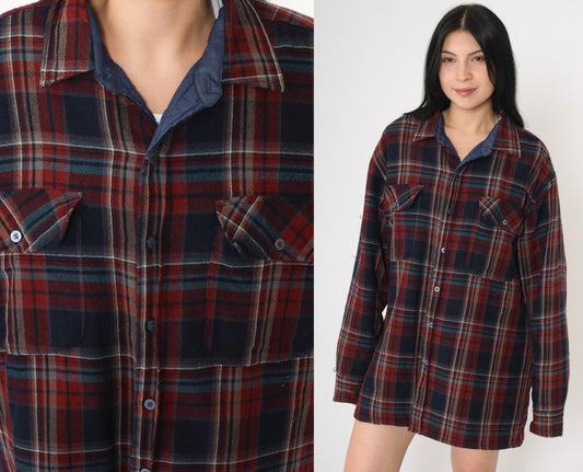 80s TimberTrail Wool Plaid Shirt Quilted Lining Red Navy Button Up Large L