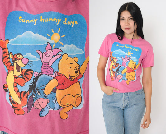 90s Winnie the Pooh Sunny Hunny Days Disney Graphic T-Shirt Pink Cotton Extra Small XS