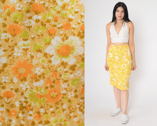60s Yellow Orange Floral Pencil Midi Skirt High Waist Small