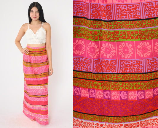 70s Floral Striped Maxi Skirt High Waist Hot Pink Olive Purple Small S