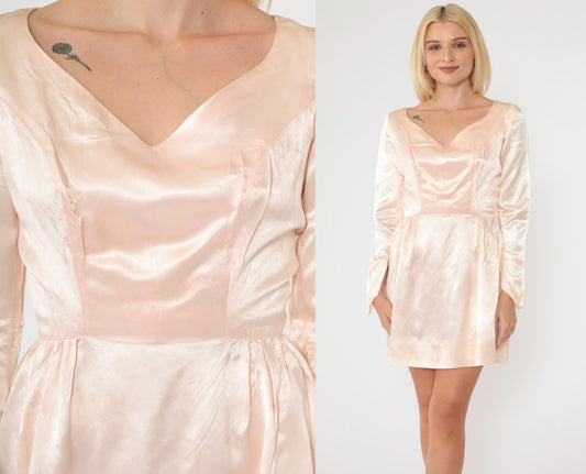 60s Baby Pink Silk Jacquard Floral Mini Dress Long Sleeve V Neck Extra Small
