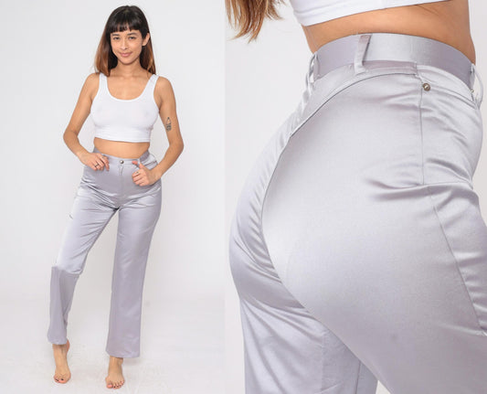 90s Forenza Silver Satin High-Waist Straight-Leg Trousers Small