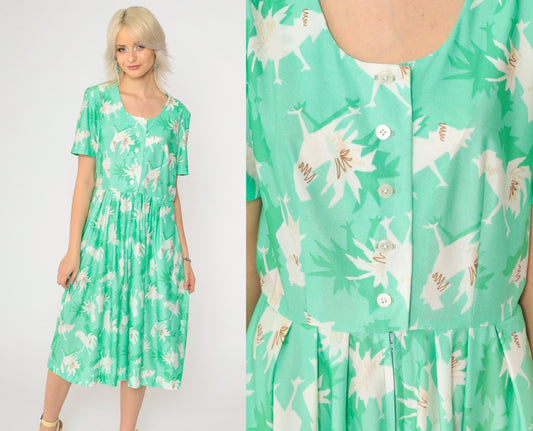 70s Abstract Chicken Print Midi Jumpsuit Green Button-Up Shirtdress Medium