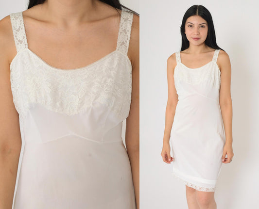 70s Charmante White Lace Slip Dress Scoop Neck Spaghetti Strap Mini Small