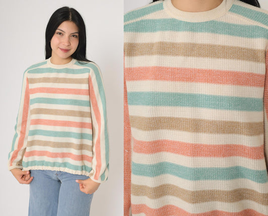 80s Dalton Striped Knit Sweater Raglan Pullover Cream Seafoam Peach Small