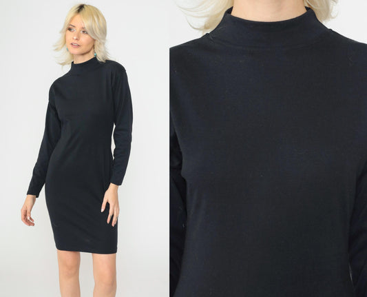 90s Gitano Black Mini Bodycon Dress Mock Neck Long Sleeve Small