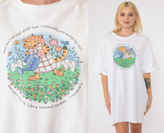 90s Christian T-Shirt Cat Watering Flowers Isaiah 58:11 Graphic Tee Extra Large XL