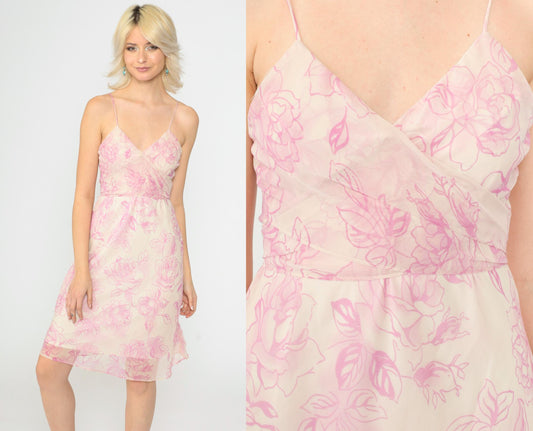 90s Y2K Cream Pink Floral Chiffon Midi Dress Surplice V Neck Spaghetti Strap Small