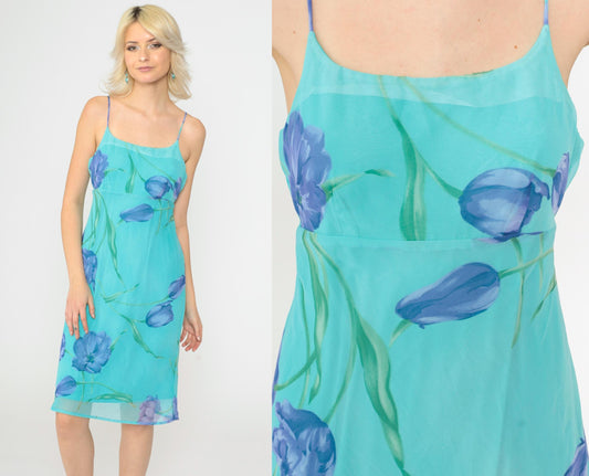 90s Turquoise Floral Chiffon Midi Dress Spaghetti Strap Empire Waist Small