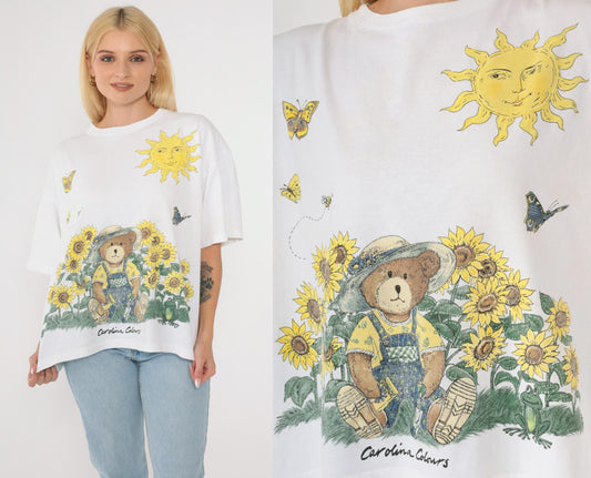 90s Carolina Colours Floral Teddy Bear T-Shirt Sunflower Butterfly Graphic Cotton Large