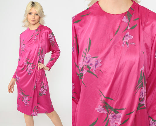70s Floral Shift Dress Bright Pink Tropical Print Long Sleeve Midi Medium