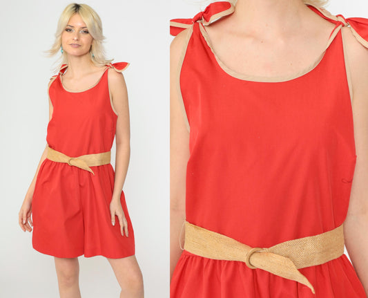 80s Red Ringer Romper Playsuit Tie Shoulder High Waist Sleeveless Medium