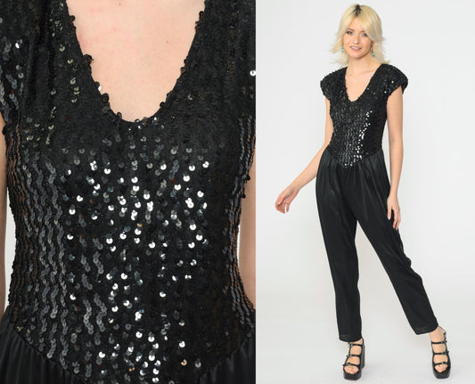 80s Black Sequin Jumpsuit Disco Keyhole Open Back Cap Sleeve Small