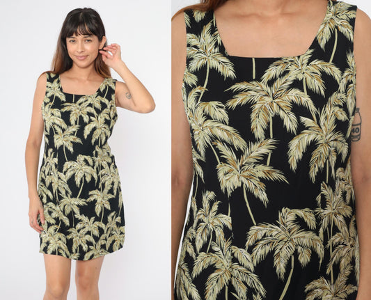 90s Hawaiian Palm Tree Mini Dress Sleeveless Sheath Black Green Medium