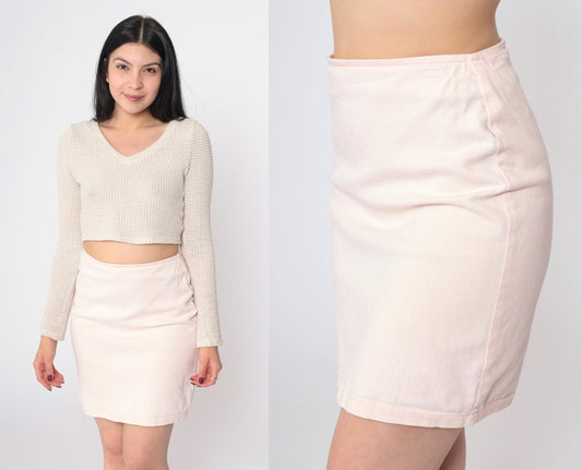 90s Baby Pink Denim Mini Skirt High Waisted Bodycon Jean Skirt Medium