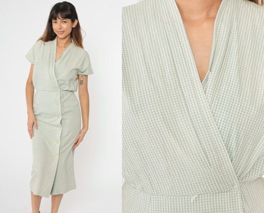 90s Cynthia Howe Gingham Shirtdress Sage Green Midi High Waist Small