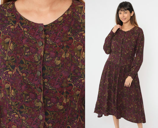 90s Ivy Impressions Floral Midi Shirtdress Purple Rayon Button Up Large