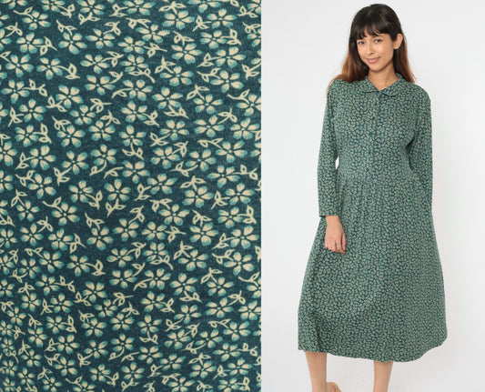 90s L.L. Bean Floral Midi Shirt Dress Green Button-Up Long Sleeve Medium