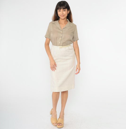 80s Taupe Button-Up Midi Shirtdress High-Waisted Cream Pencil Skirt Small