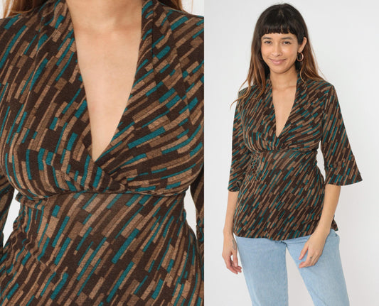 Y2K Briggs New York Striped Blouse Empire Waist Deep V Neck Brown Teal Large Petite