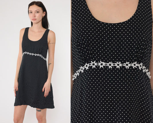 90s Black and White Polka Dot Mini Dress Empire Waist Daisy Trim Small