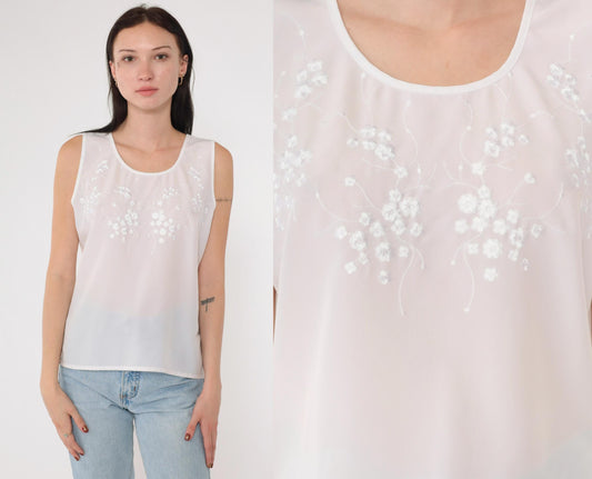 90s Yves St. Clair White Floral Embroidered Tank Top Scoop Neck Petite Medium