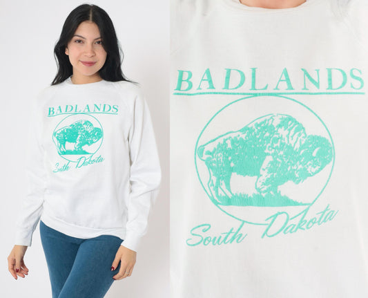90s Badlands South Dakota Buffalo Sweatshirt White Crewneck Pullover Medium