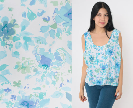 90s Apparenza Floral Tank Top Blue Abstract Print Scoop Neck Extra Large